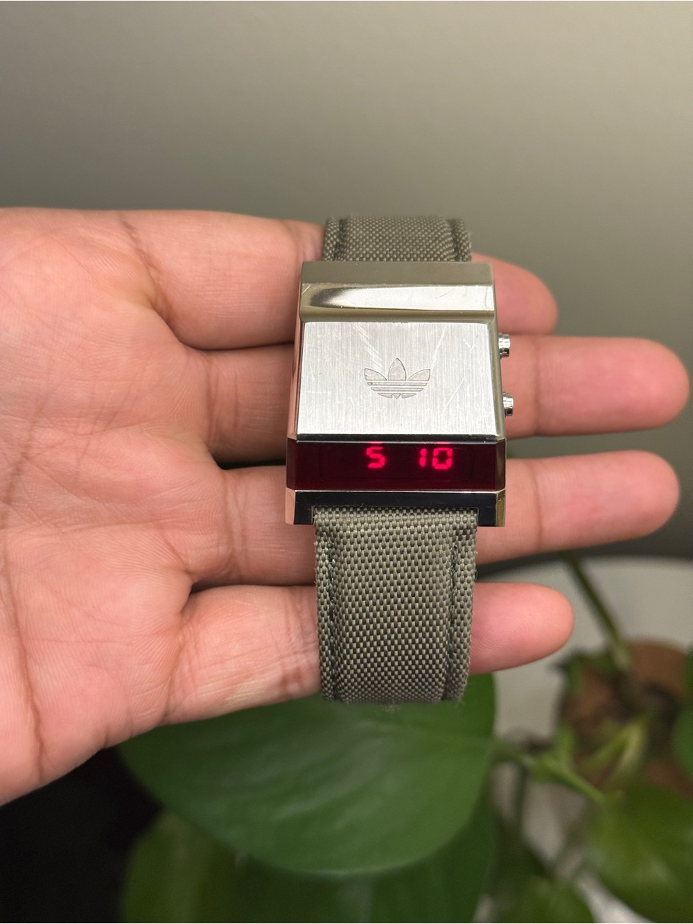 ADIDAS steel retro Men's LED Watch in Olive Green leather strap rare find unisex